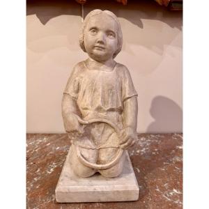Marble Statue "child With Hoop" Italy Late 16th - Early 17th