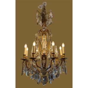 Large 9-light Chandelier In Bronze And Crystal, Late 19th Century