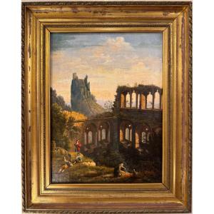 Italian School, Early 19th Century "animated Scene In Ruins" Oil On Canvas