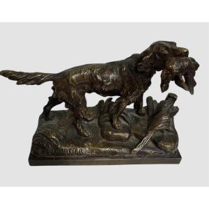 Bronze Animal Sculpture "setter With Pheasant In Mouth" Signed Lecourtier (1850-1924)