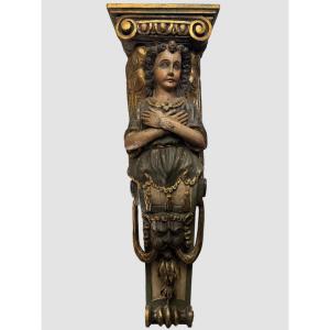 Angel In Terme. Element Of Polychrome And Gilded Wood Sculpture. Italy, 18th Century