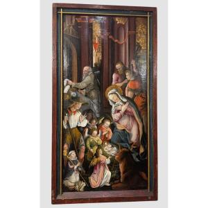 Northern School, 16th Century. Nativity Scene. Large Oil On Panel.