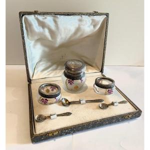 Art Nouveau Case With 2 Salt Pots A Mustard Pot In Enameled Glass And 3 Small Spoons