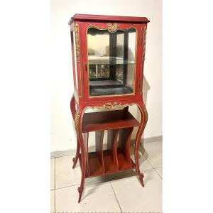 Louis XV Style Display Case Lacquered Red And Accented With Gold