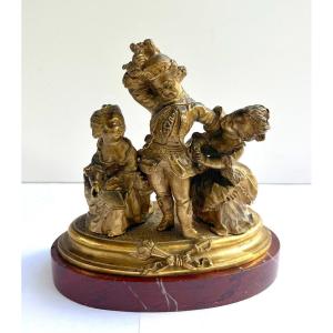 Gilded Bronze: Children On A Marble Base, 19th Century
