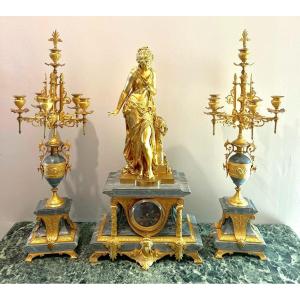 Mathurin Moreau Blue Turquin Marble And Gilt Bronze Fireplace Garniture