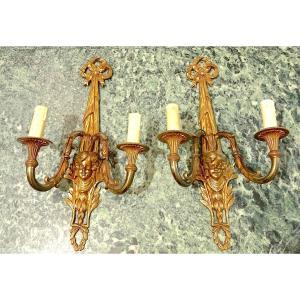 Pair Of Gilt Bronze Wall Lights With Cherub Heads In Louis XVI Style, 19th Century
