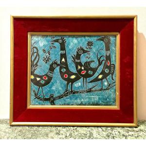 Youen Ceramic Plaque With Framed Stylized Birds Decor