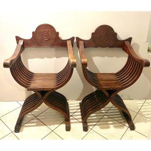 Pair Of Curule Armchairs, Known As Savonarola, Walnut, 19th Century