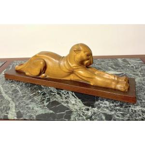 Art Deco Wooden Panther Animal Sculpture By Noël Ange Martini