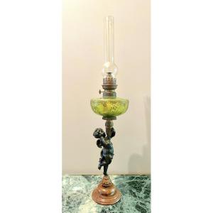 Large Bronze Cherub Oil Lamp