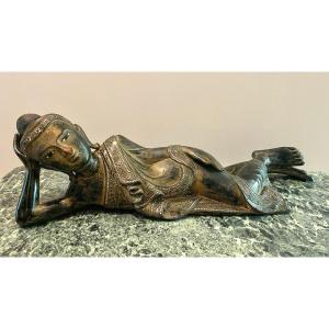Reclining Buddha In Polychrome Carved Wood