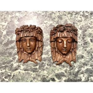 Pair Of Decorative Bronze Mascarons From The 19th Century