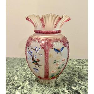 Large Enamelled Glass Tulip With Bird Decoration