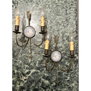 Pair Of Bronze Arrow And Wedgwood Wall Lights