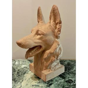 German Shepherd Head Terracotta Sculpture Signed Bargas