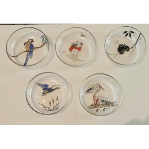 Five Glass Bowls With Enameled Animal Decoration