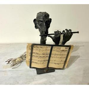 Caricature Lamp Of A Flute Player In Patinated Metal