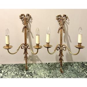 Pair Of Two-light Wall Sconces In Gilt Bronze, Louis XVI Style