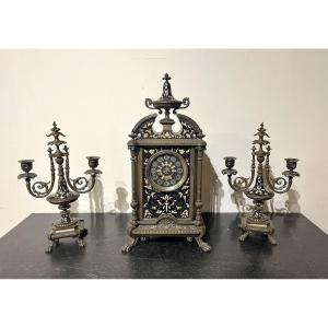 19th Century Bronze And Enamel Clock Set