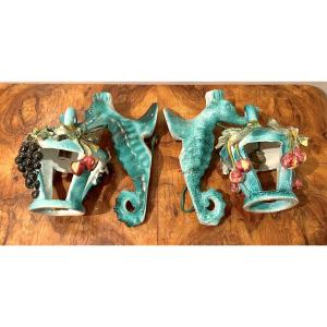 Pair Of Ceramic Seahorse Wall Sconces, 1960