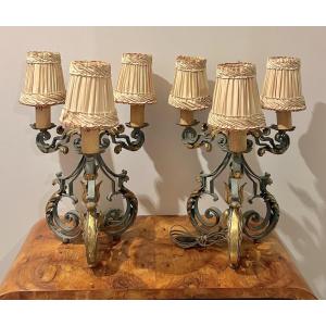 Pair Of Lacquered And Gilded Wrought Iron Table Lamps, 1940-1950