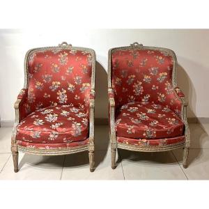 Pair Of Louis XVI Painted Bergère Armchairs