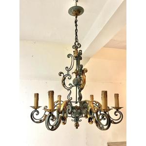 Large Patinated Wrought Iron Chandelier, Circa 1940-1950