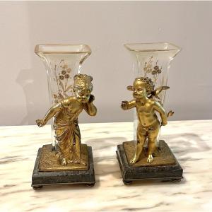 Louis Kley Pair Of Cupid And Girl Vases In Gilt Bronze And Engraved Crystal