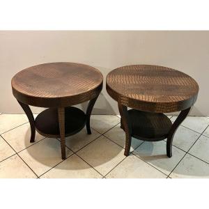 Pair Of Brown Crocodile-embossed Faux Leather End Tables