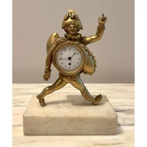 Small Gilded Bronze Clock Depicting A Pulcinella 18th Century