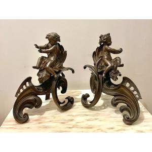 Pair Of Bronze Cherub Andirons 19th Century