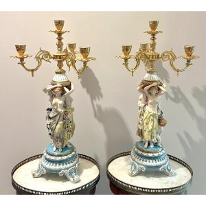 Pair Of Polychrome Porcelain And Gilt Metal Candelabras 20th Century