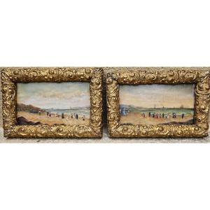 Pair Of Paintings: Seaside Scene, Beach Scene, Marine, Seaside 