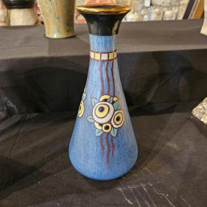 Scailmont . Glass Vase Imitating Earthenware With Applied Enameled Flowers. Art Deco Period
