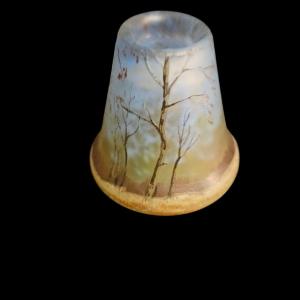Legras. Small Acid-etched Glass Vase Decorated With A Lakeside Landscape. Signed Legras