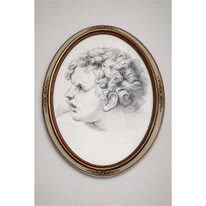 Antique Drawing Of A Cherub's Head, French School, 19th Century 