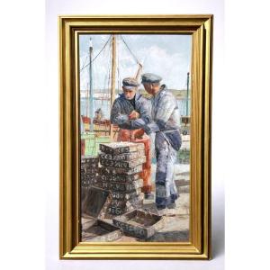 Painting "the Sailors Of Concarneau" Signed Adrien Ravallec, 1960, Brittany 