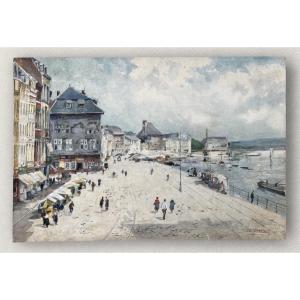 Watercolor Depicting Life In A Port, Signed Jean Cambresier, Belgium, 1900