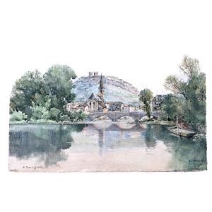 Watercolor View Of Saint-flour, Cantal, Signed émile Appay, 1900, Auvergne