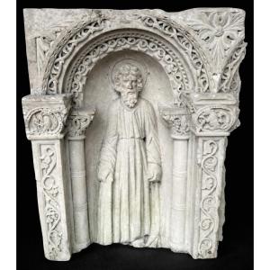 Ancient Neo-romanesque Carved Stone Bas-relief From The Early Religious Period 