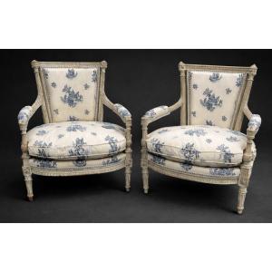 Antique Pair Of Louis XVI Style Low Armchairs With Fire Corners 19th Century