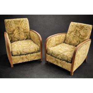 Antique Pair Of Club Armchairs In 1930s Art Deco Fabrics
