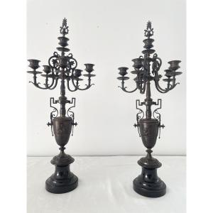 Pair Of Large 19th Century Bronze And Marble Candelabra