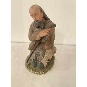 19th Century Plaster Nativity Scene Shepherd 