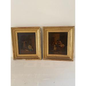 Flemish School Interior Scene Pair Of Oil Paintings On Copper 19th Century 