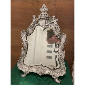 Large Silvered Bronze Dressing Mirror Decorated With Cherubs From The Napoleon III Period