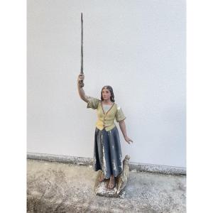 Joan Of Arc As A Peasant Woman, Large Plaster Statue, 19th Century 