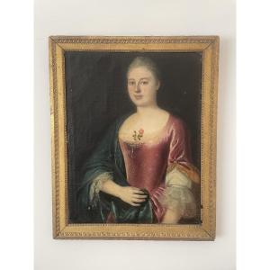18th Century Portrait Of An Elegant Lady With A Rosebud
