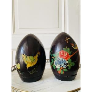 Pair Of Black Lacquered Wooden Eggs